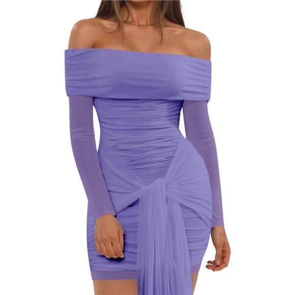 Womens Dress Off The Shoulder Long Sleeve Purple - Picture 1 of 6